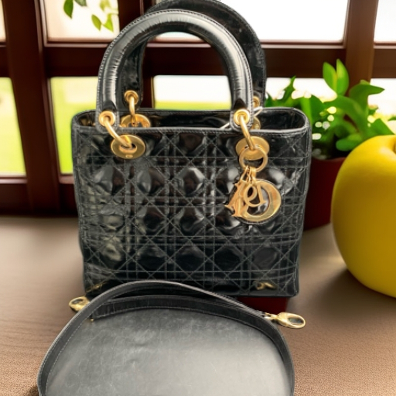 90新 DIOR/迪奥 经典五格藤格纹 黑金配色戴妃001352