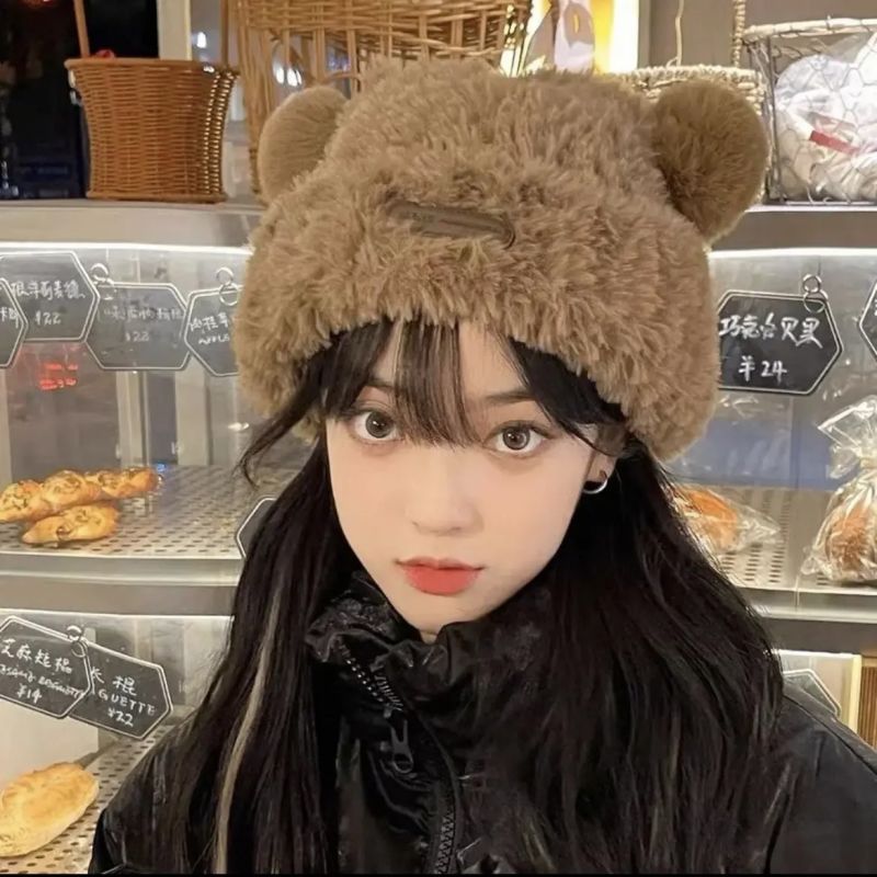 大头围软糯可爱小熊耳朵毛绒帽女秋冬季保暖显脸小宽松甜美护耳帽