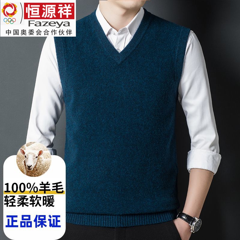 恒源祥集团100%纯羊毛男马甲秋冬款针织背心中青年V领加厚羊毛衫