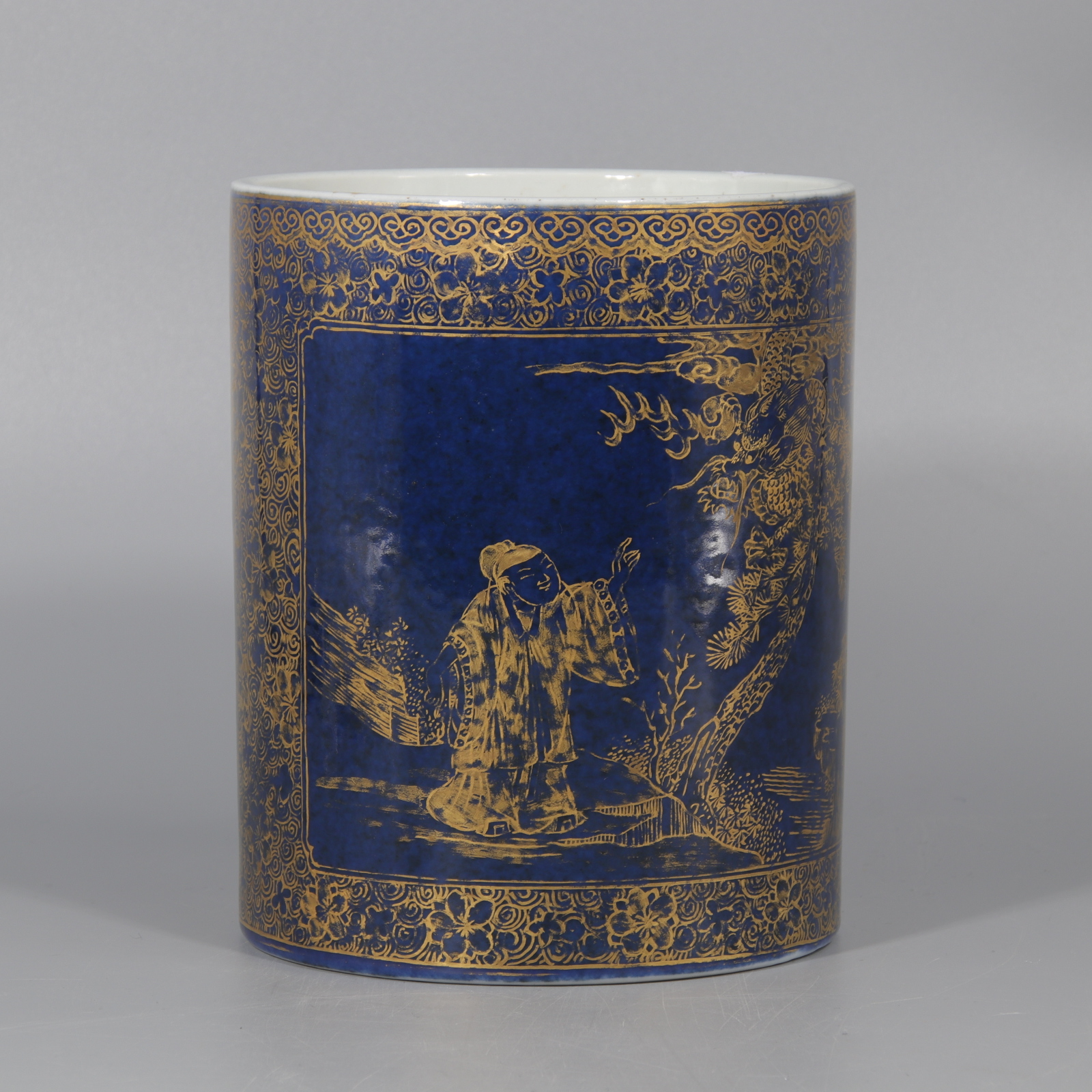 霁蓝描金开窗龙虎纹笔筒H404-111J