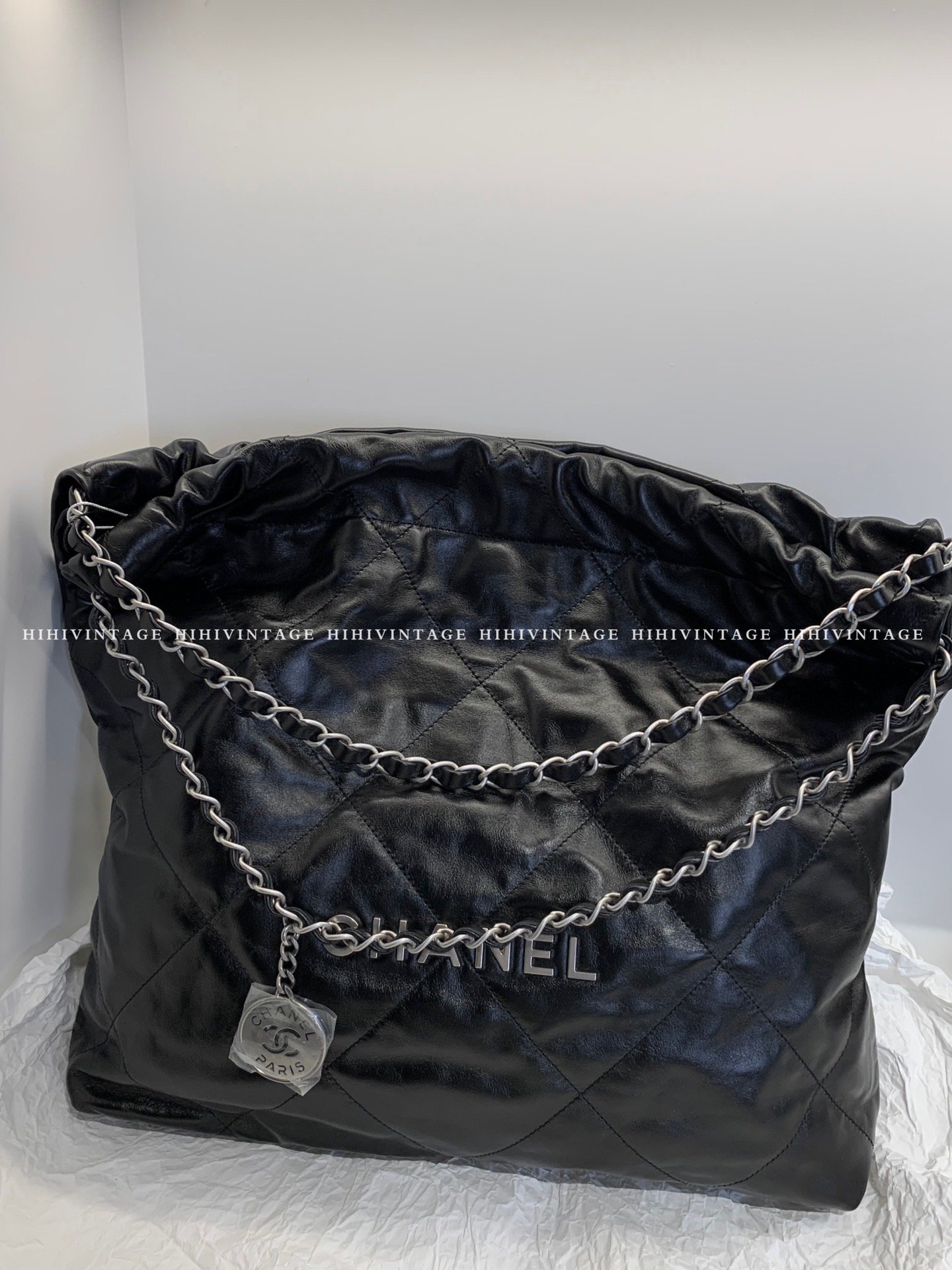 99新 Chanel/香奈儿 HIHI/Chanel 黑银22Bag小号 芯片款