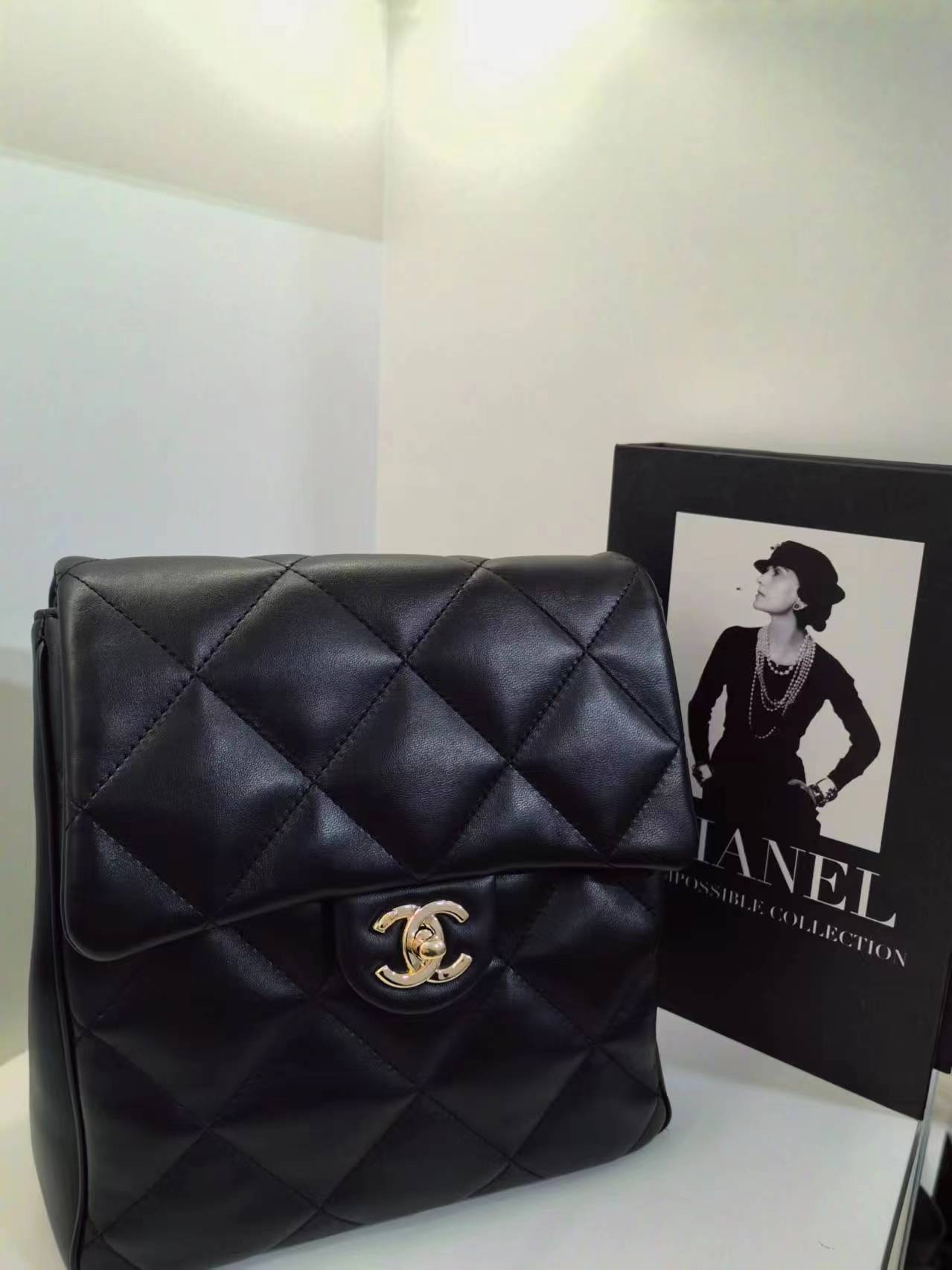 95新 Chanel/香奈儿 HIHI精选/黑金光面菱格纹双肩包 /7711871