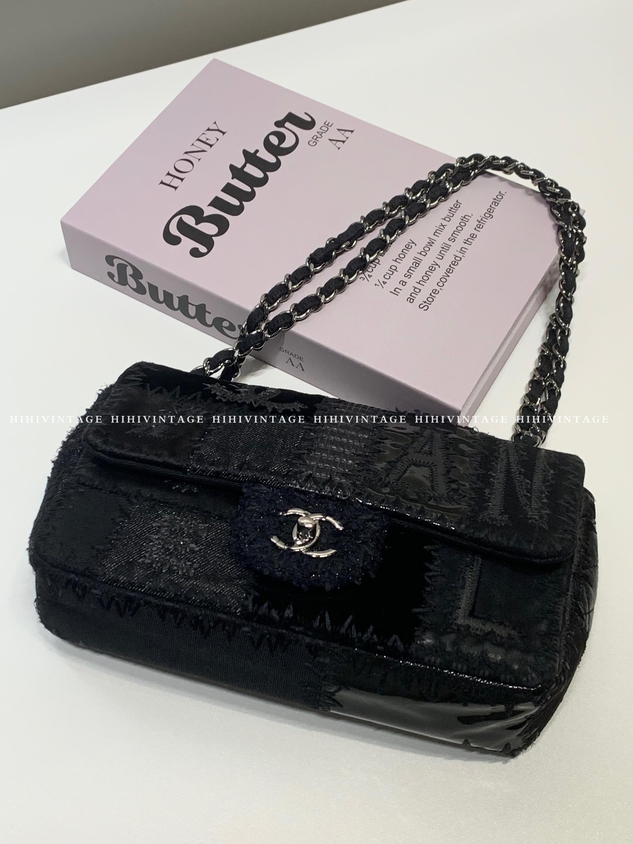 99新 Chanel/香奈儿 HIHi/黑银拼接补丁CF中号链条包 25开