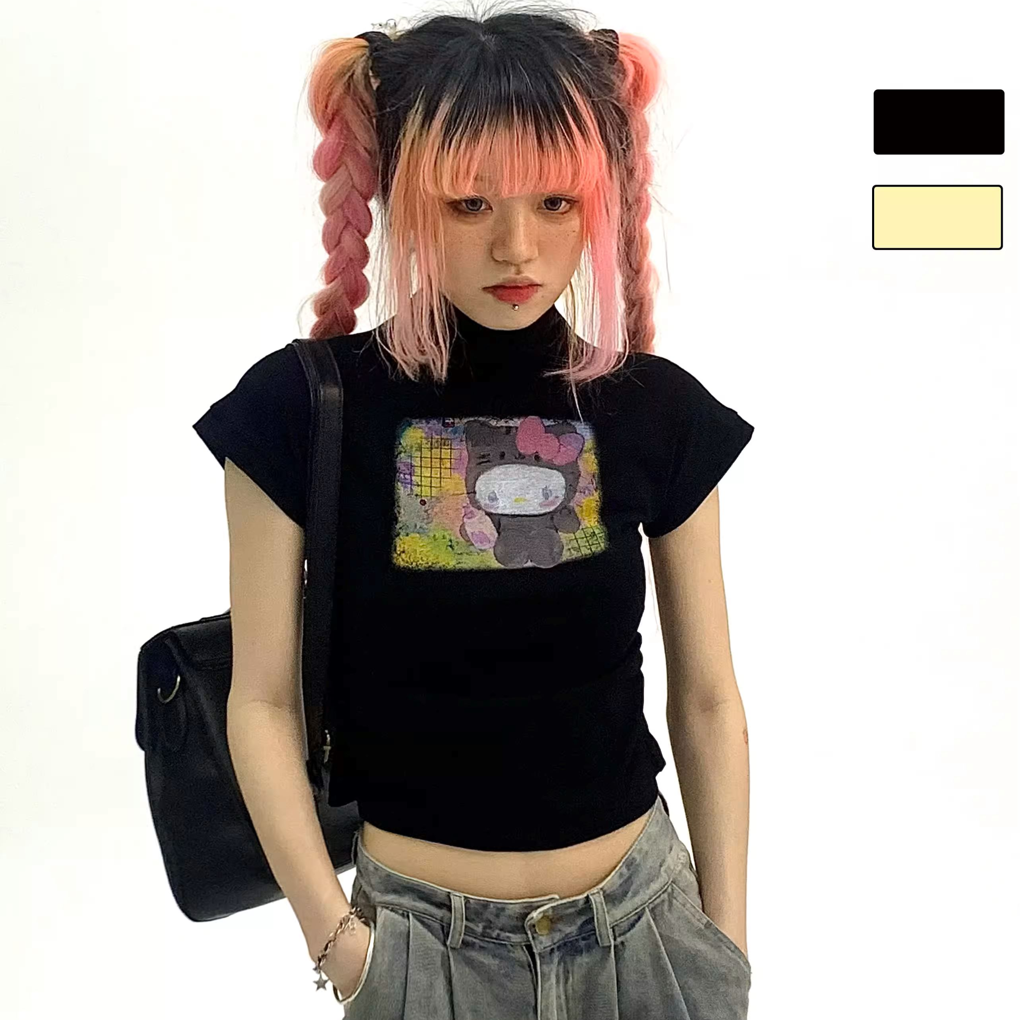 春日野too 双色原创可爱kitty百搭辣妹高领修身褶皱收腰T恤短袖夏