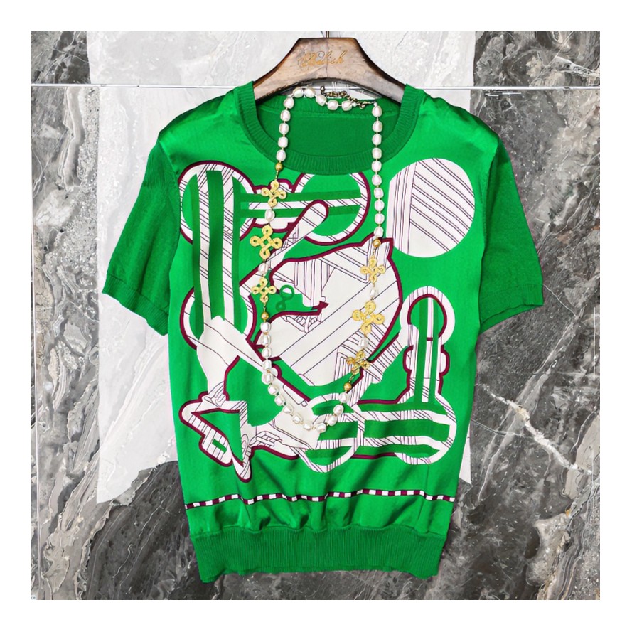 【清仓福利】221535桑蚕丝针织拼接印花减龄撞色百搭T恤圆领