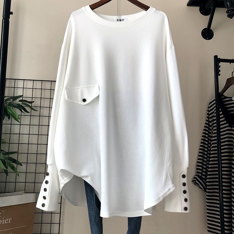 秋冬新款不规则中长款上衣女洋气纽扣打底衫胖MM大码宽松长袖T恤