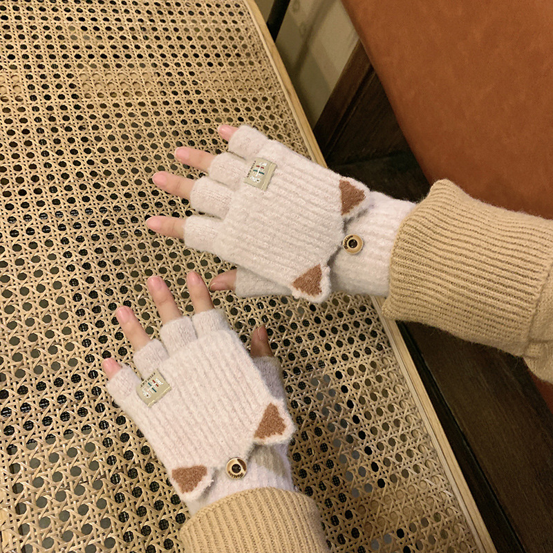 冬季保暖学生加绒加厚防寒半指秋冬季ins针织韩版卡通冬天暖手套