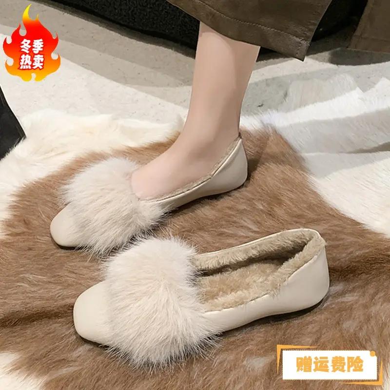 秋冬女鞋百搭毛毛鞋女2023新款毛平底单鞋加绒外穿一脚MS