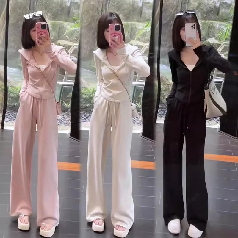1086小个子港风休闲运动套装女显瘦连帽穿搭高腰阔腿裤两件套2025