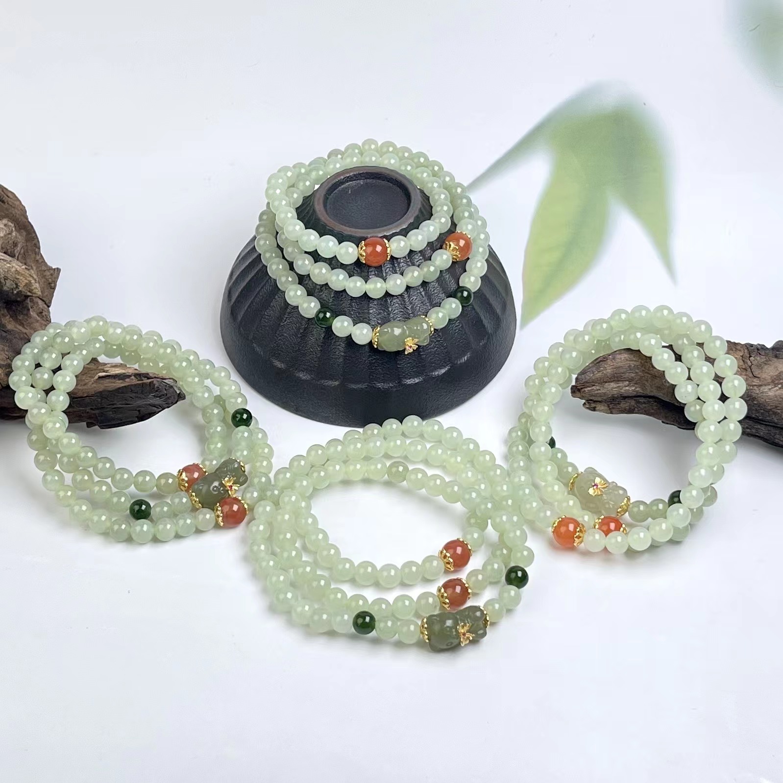 玉美人菲菲/38381-S925和田玉三圈手串-多样性发一