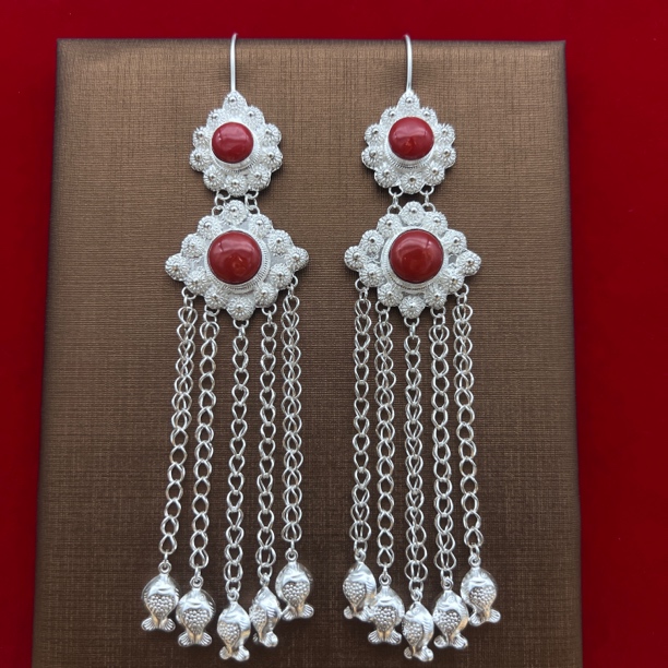 足银耳饰 足银流苏纯手工合成珊瑚耳坠 藏族 蒙古族 舞蹈配饰精美