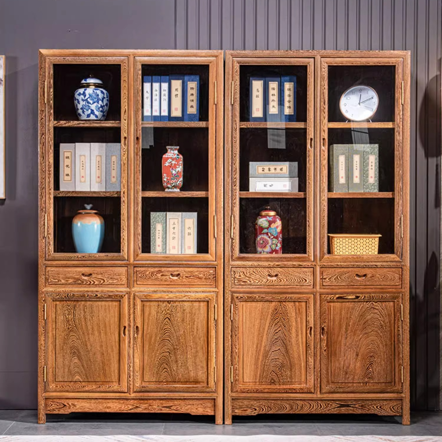 红木家具鸡翅木书柜书橱全实木新中式书房书架储物柜展示架