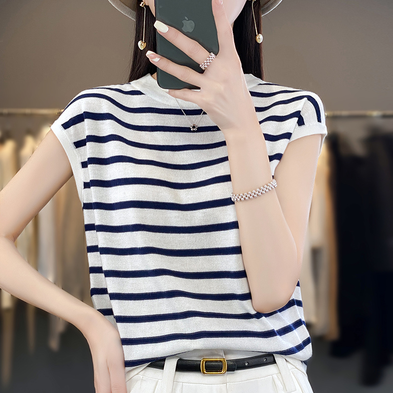 精纺条纹圆领针织短袖T恤衫女宽松薄款时尚无袖上衣打底背心洋气