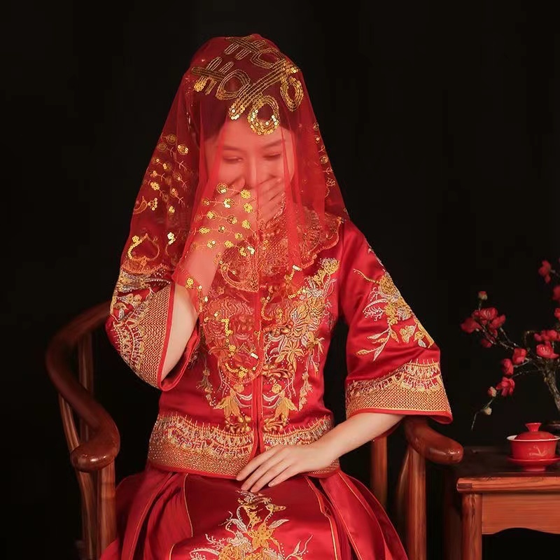 新娘半透明红色盖头出嫁头纱凤冠霞帔盖头结婚礼服中式复古秀禾服