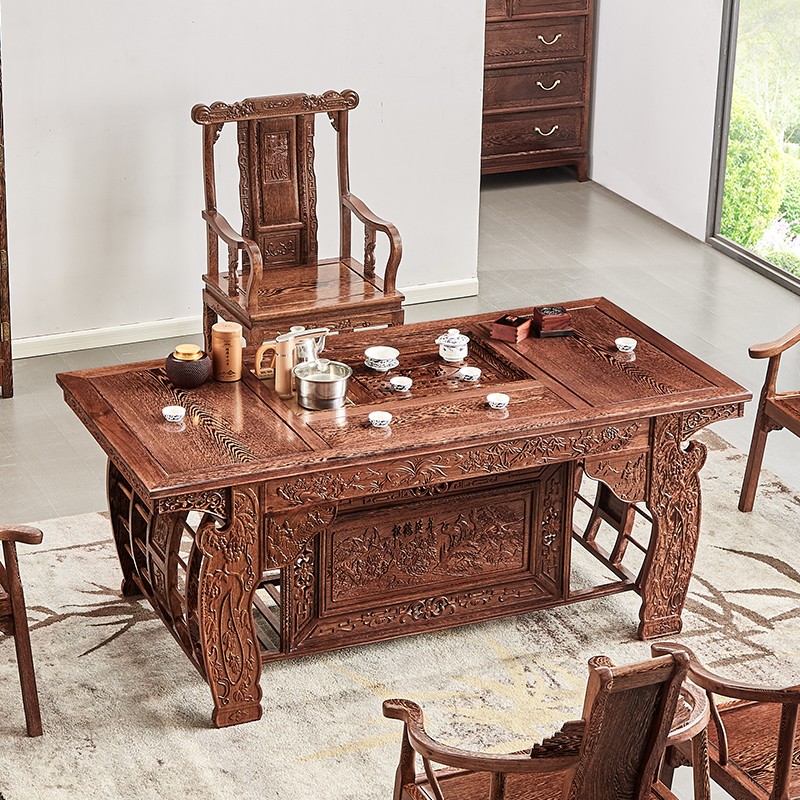红木家具鸡翅木龙凤茶桌家用客厅茶桌功夫茶台双用办公泡茶台