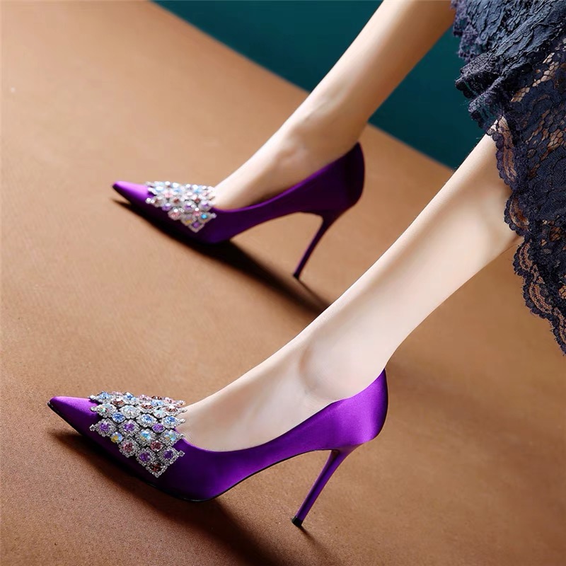 Y906细跟高跟鞋女尖头气质百搭法式绸缎水钻搭扣礼服婚鞋女鞋单鞋