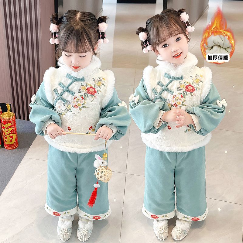 汉服女童冬季加绒套装2023新款洋气小女孩中国风唐装拜年服两件套