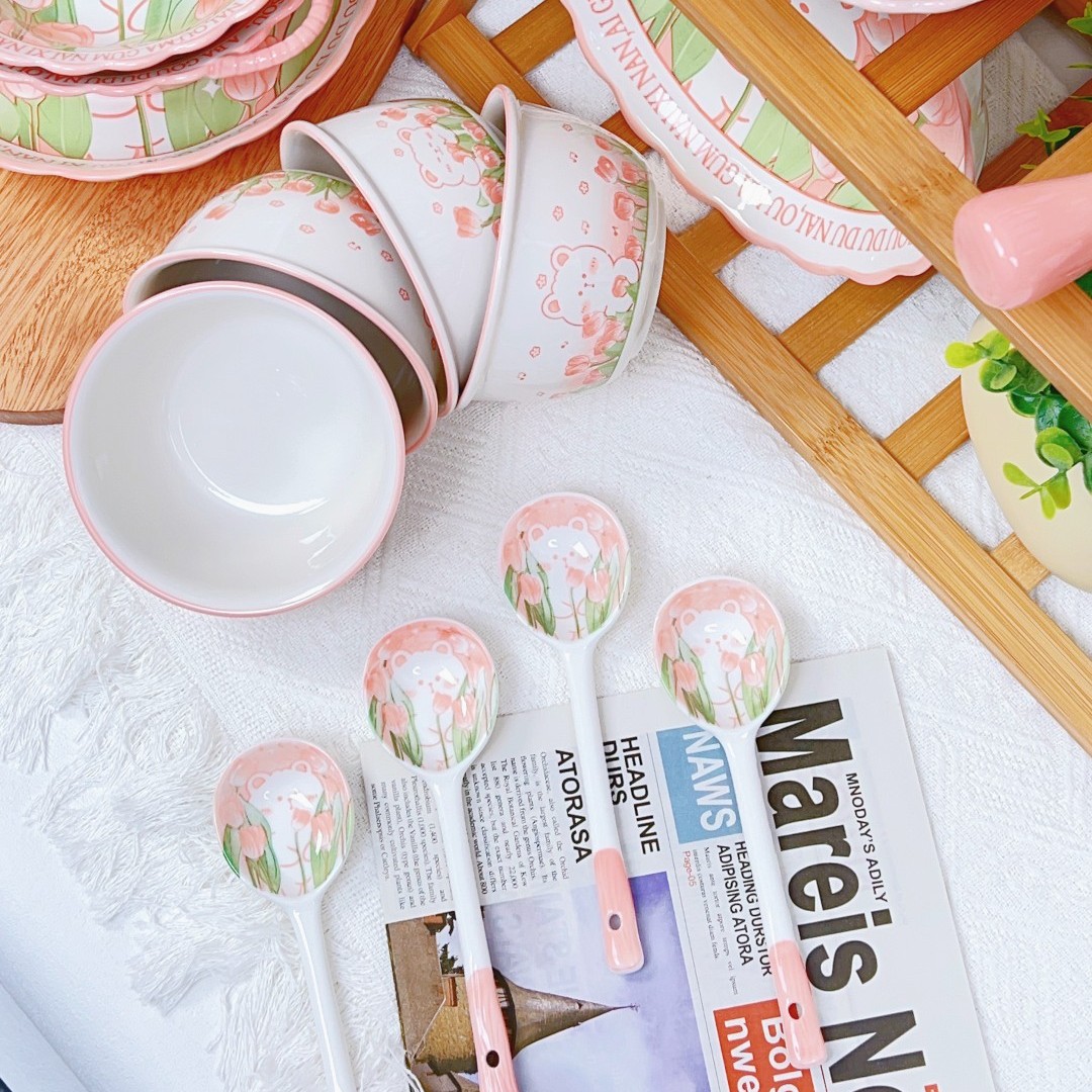 【花中熊勺子】可爱大容量陶瓷辅食碗米饭碗家用学生吃饭微波炉高档