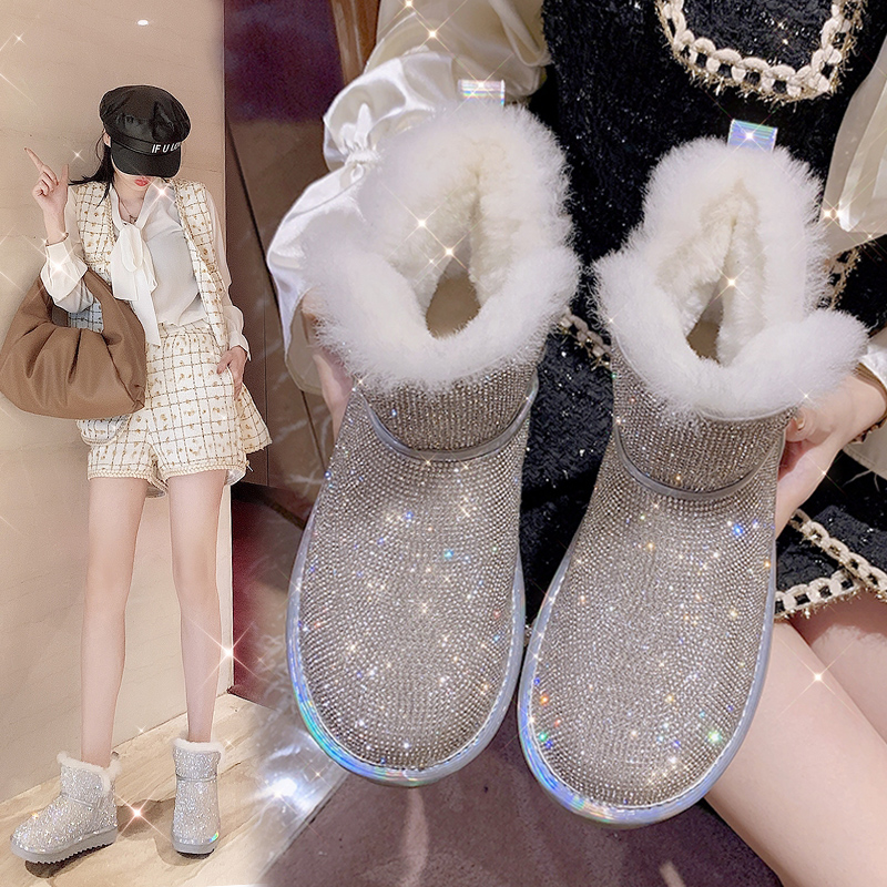 红蜻蜓牌2023冬季新款真羊毛满钻雪地靴女短筒皮毛一体网红棉鞋加