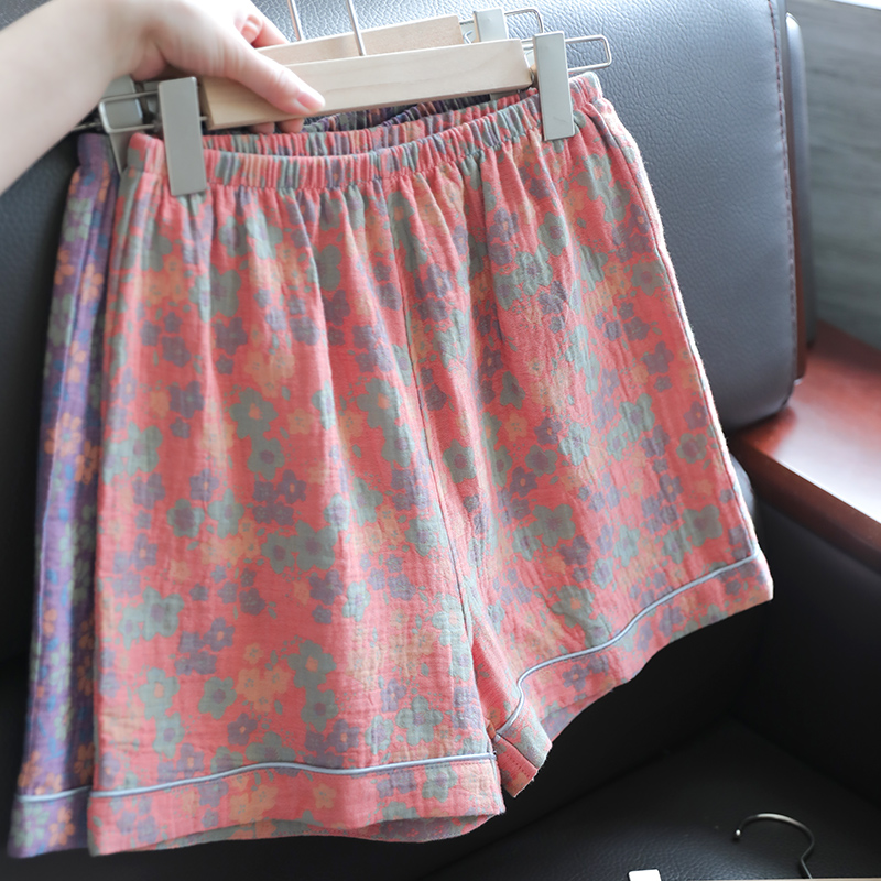 纯棉夏季宽松薄款色织提花棉纱睡裤 中式复古可外穿女士家居短裤