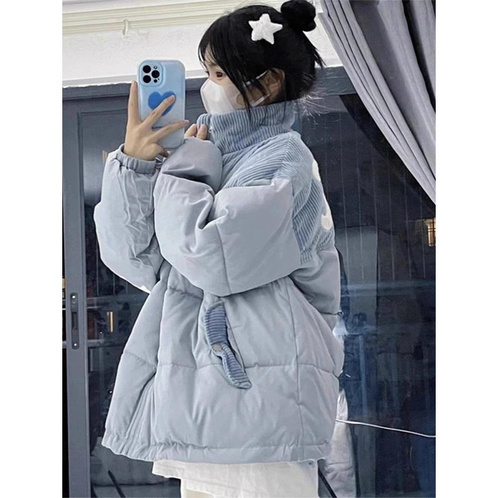 奶蓝色羽绒服女冬季加厚保暖面包服设计感小众oversize立领