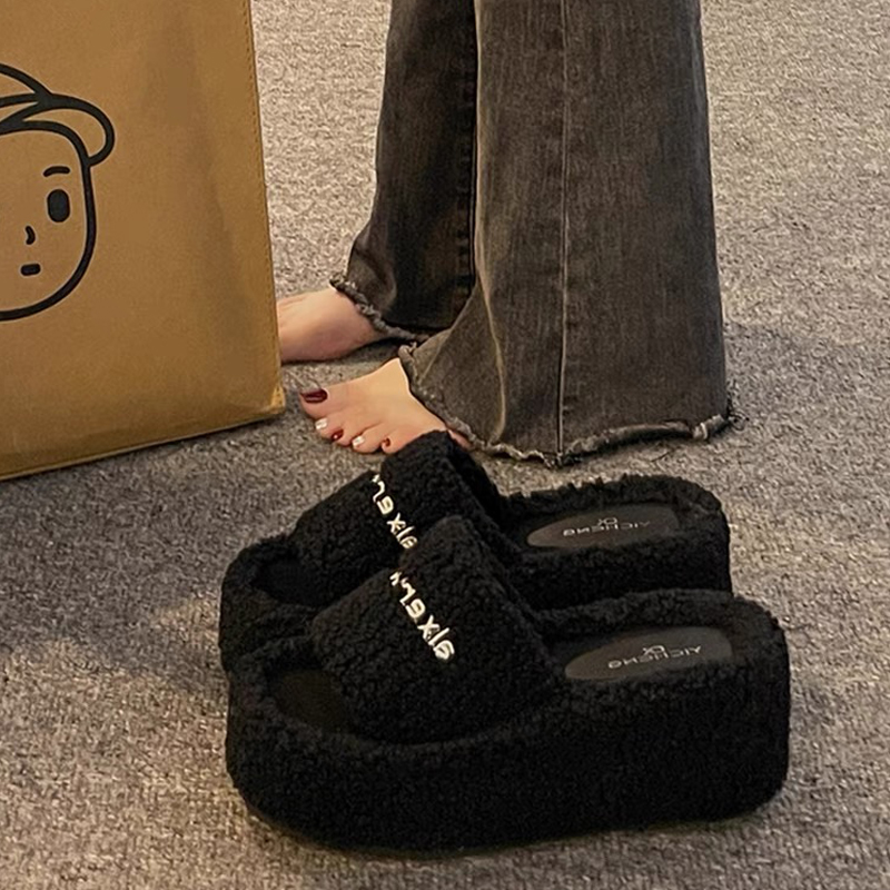 红蜻蜓牌小个子毛毛拖鞋女2023秋冬季新款坡跟增高厚底外穿一字高