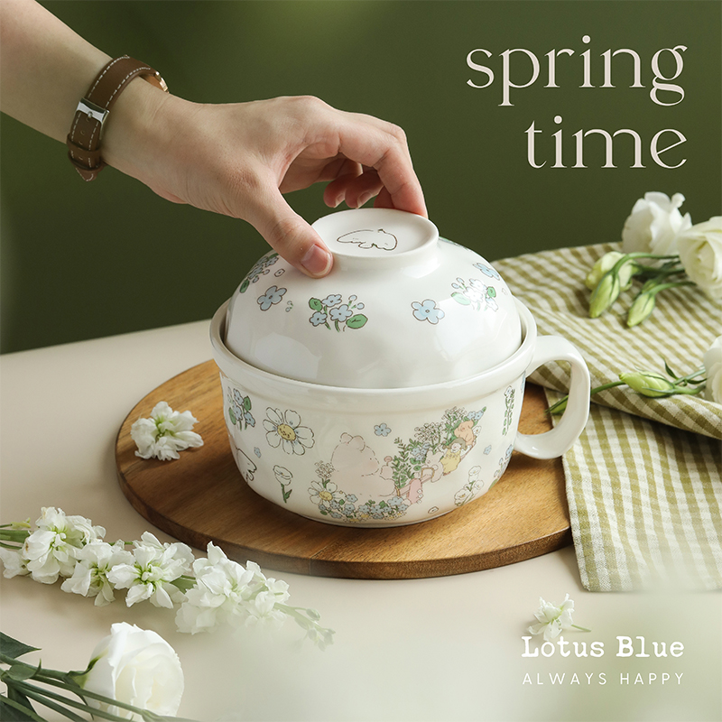 蓝莲花泡面碗方便面碗高颜值泡面杯带盖大容量汤碗家用大号汤面碗