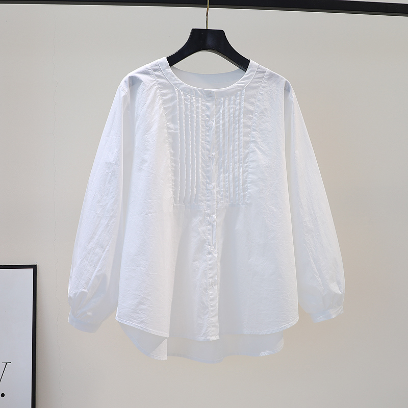 白色棉衬衫女2024春新款洋气设计感褶皱圆领长袖百搭衬衣打底上衣
