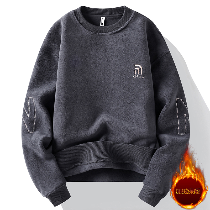 秋冬新款时尚百搭男士双面奥粒绒卫衣圆领宽松休闲潮流男上衣加绒