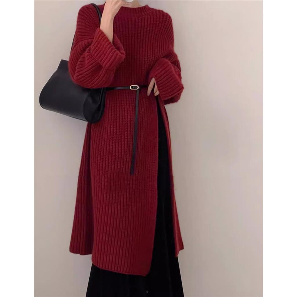 后妈裙圣诞战袍红色气质连衣裙子女秋冬2023新款感毛衣内搭打底