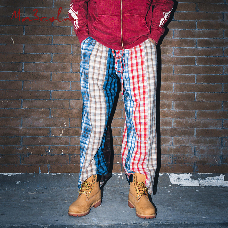 Ma3colm追梦系列原创多色拼接刺绣格子阔腿直筒睡裤裤卡米然