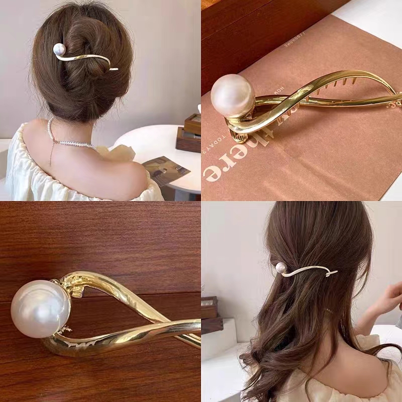 纳家高端发饰 珍珠一字夹后脑勺发夹感盘发青蛙扣金属抓夹头饰女