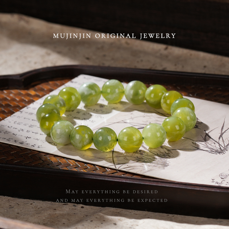 天然岫玉12mm单圈手串女款串珠绿色手饰品闺蜜手链YW1518