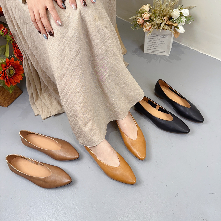 2025春季新款尖头软皮平底休闲女单鞋头层牛皮懒人鞋百搭软底