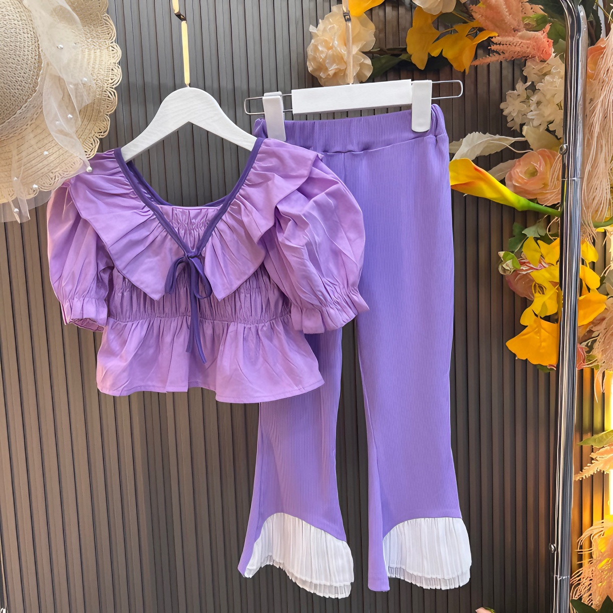 6032夏季新款网红韩版泡泡袖衬衫+长裤裤子女童紫色时尚纯色套装