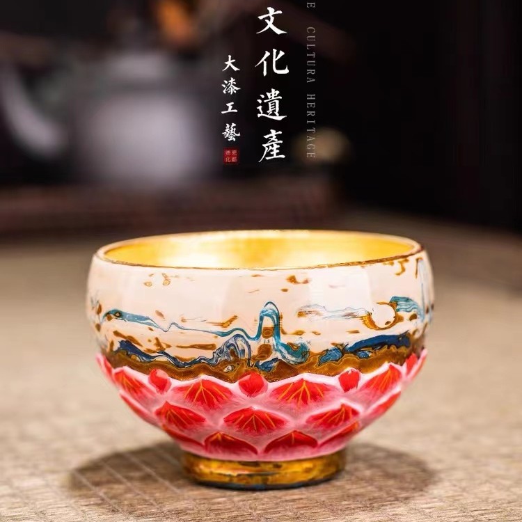 名师蔡志强大漆金盏佛莲主人杯手工金菩提叶茶杯