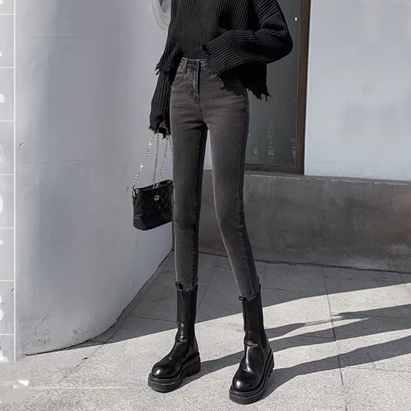 朵品烟灰色高腰小脚牛仔裤女2025新款秋冬加绒显瘦弹力紧身铅笔裤