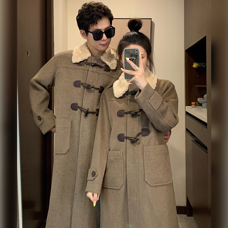 春秋冬季情侣装咩毛呢子外套大衣牛角扣长款男女外套