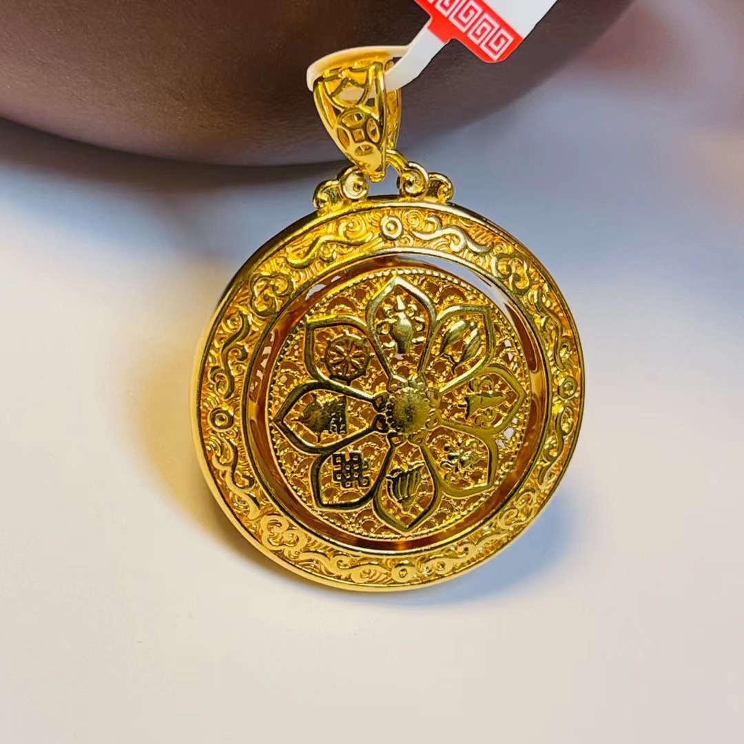 吊坠足银 金苞足银小号八宝罗盘吊坠镂空设计风格中心活动式罗盘