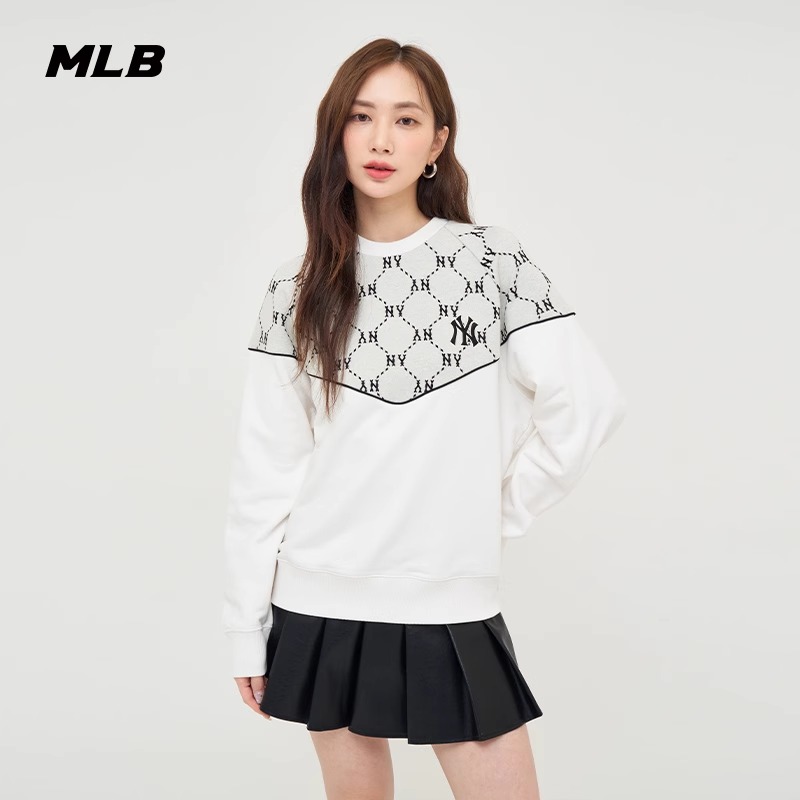 MLB雅丹风男女情侣钻石老花卫衣拼接NY套头衫24春夏新款3AMTM1144