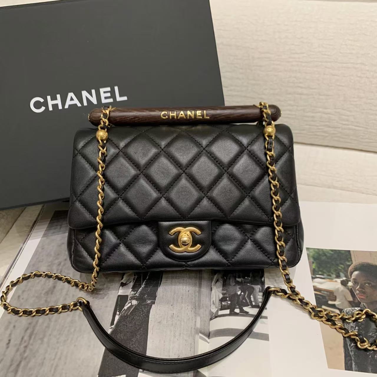 99新 Chanel/香奈儿 壹臻/23A黑金羊木质手柄CF 大mini 87698523