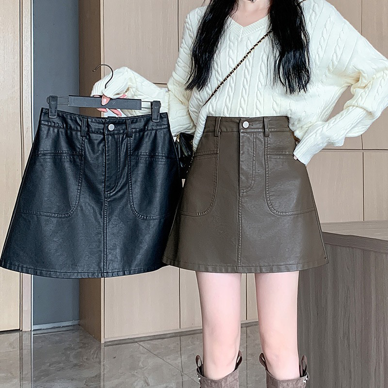 723#大码女装胖妹妹秋冬新款百搭显瘦pu皮裙半身裙女短裙