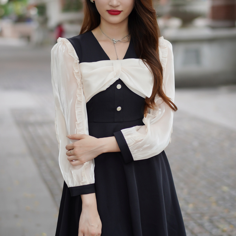 收腰长袖V领撞色鎏金冬季玻璃纱气质连衣裙小黑裙裙子女612350002