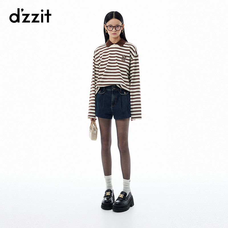 097【陈嘉尔专属】dzzit地素长袖T恤假象叠穿polo领条纹宽松上衣女