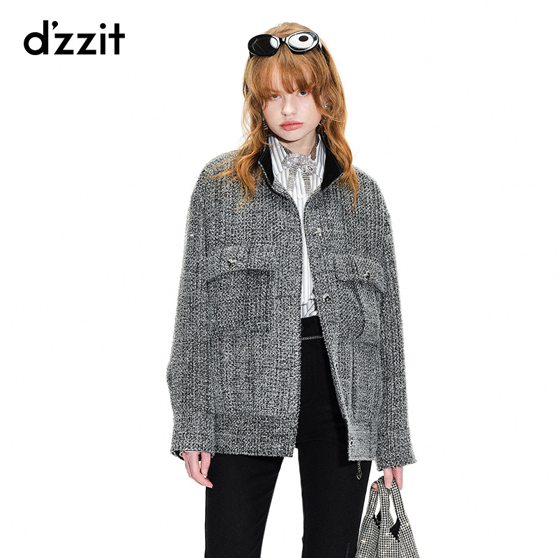 dzzit地素春秋复古立领编织银葱翻领宽松夹克外套女3H1F415热力