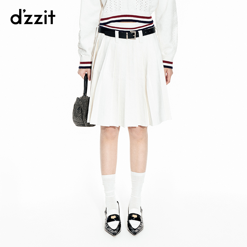 明星同款dzzit地素春秋学院风百褶裙时尚高腰针织半裙3H1E702