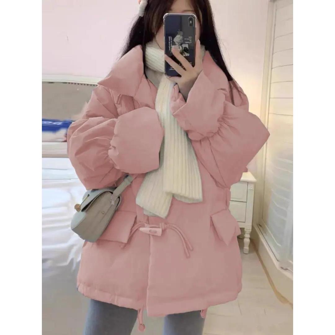 迹逅2023新款羽服女韩版宽松牛角扣面包服秋冬季厚外套女短小个款
