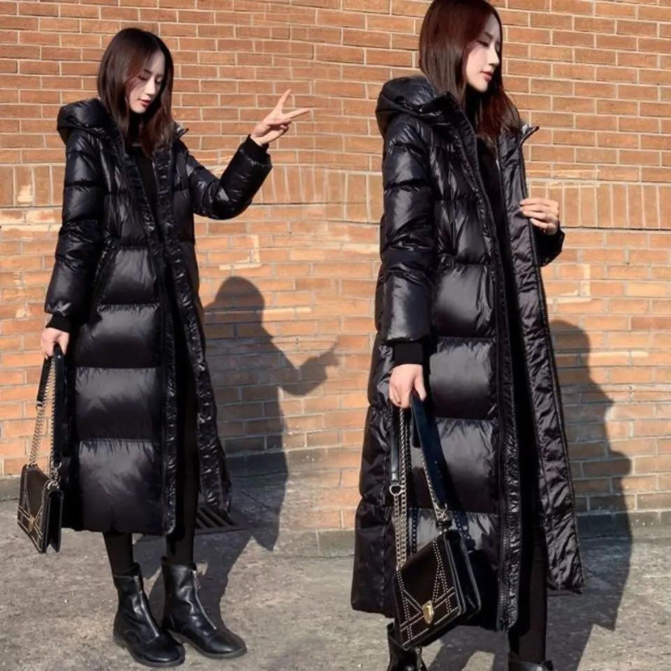 羽绒服新款黑色羽绒服韩版长款亮面羽绒服女加厚修身羽
