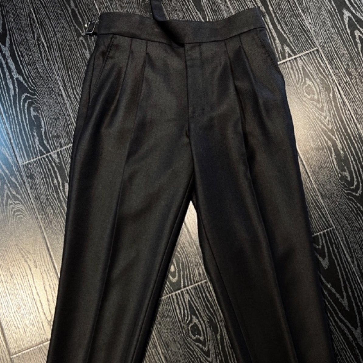 DRUNKCORNER 斜纹高腰廓尔格双褶九分西裤