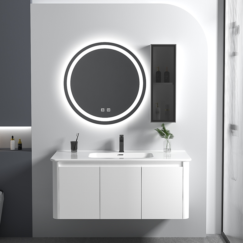 白色圆弧圆镜型陶瓷一体盆柜防水防臭加厚板材网红宽浴室柜洗漱台